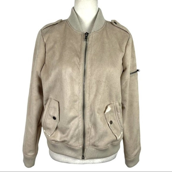 Chaser Faux Fur Lined Faux Suede Cropped Full Zip Jacket in Beige Size Medium - Picture 2 of 15